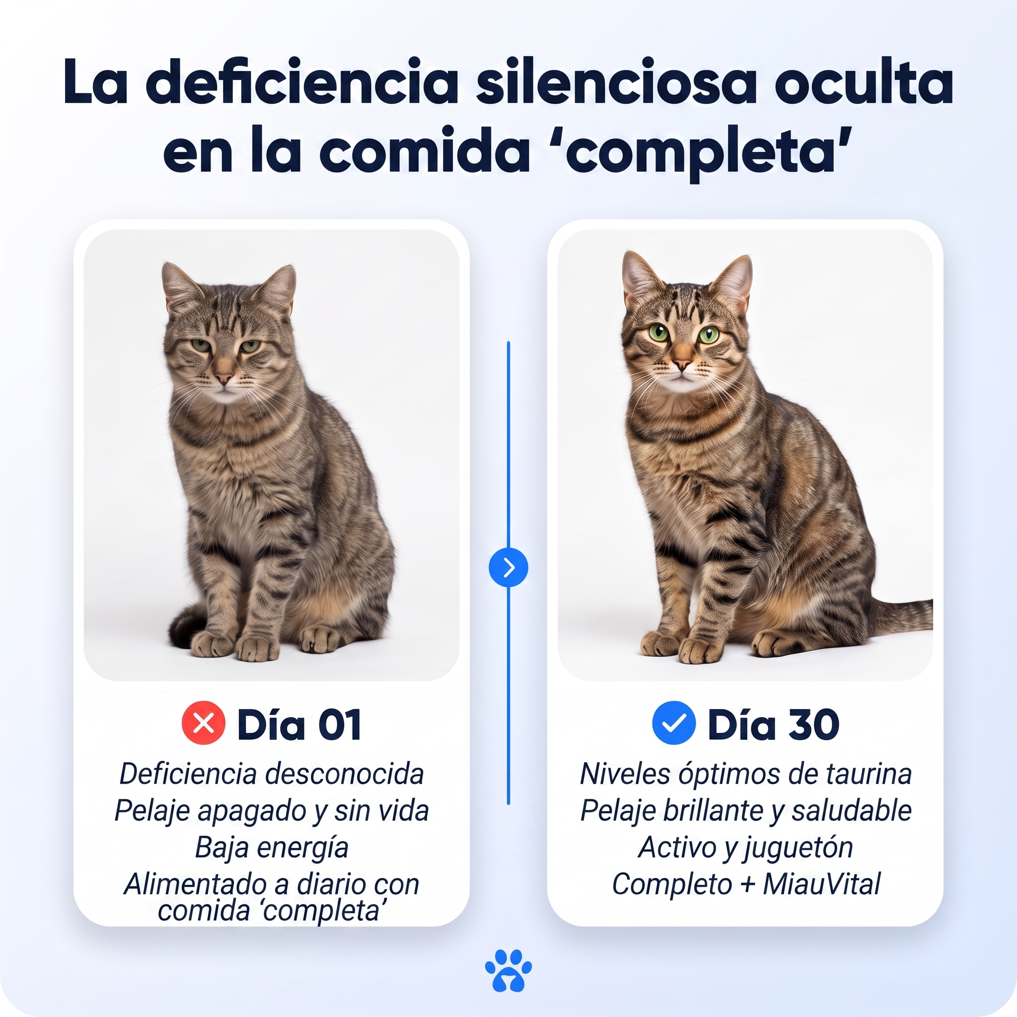Evita una deficiencia silenciosa antes de que aparezcan los síntomas con el suplemento de taurina MiauVital™